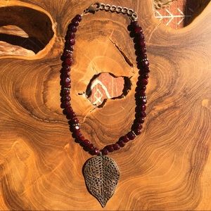 Ornate Silver Leaf Pendent with Maroon stones beading, handmade, & unique.